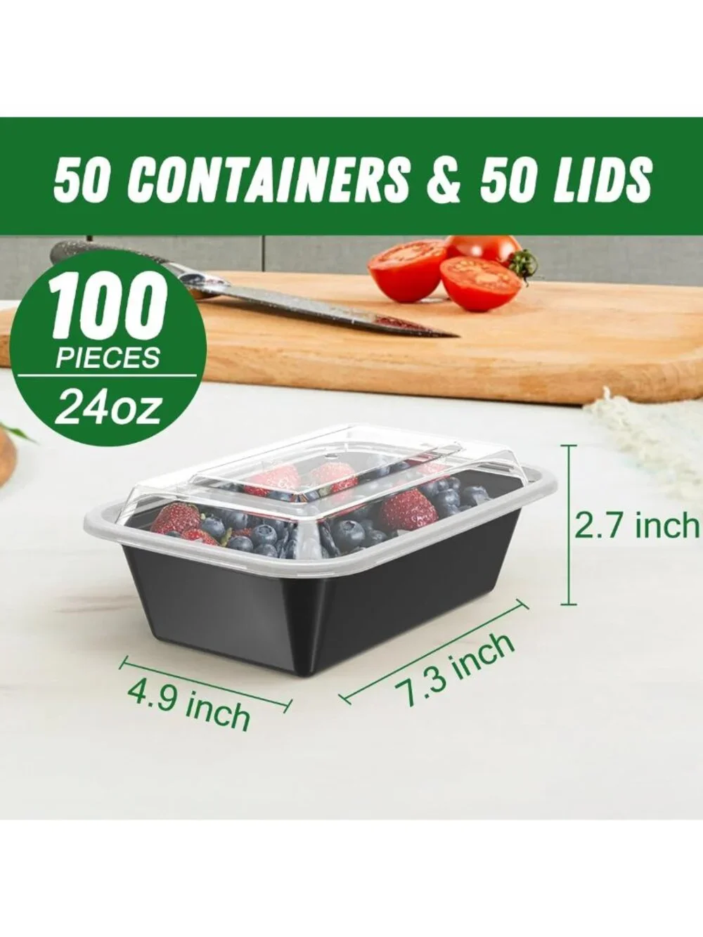50 Pack 24 oz Reusable Meal Prep Containers - Leakproof, Food Safe, Microwave
